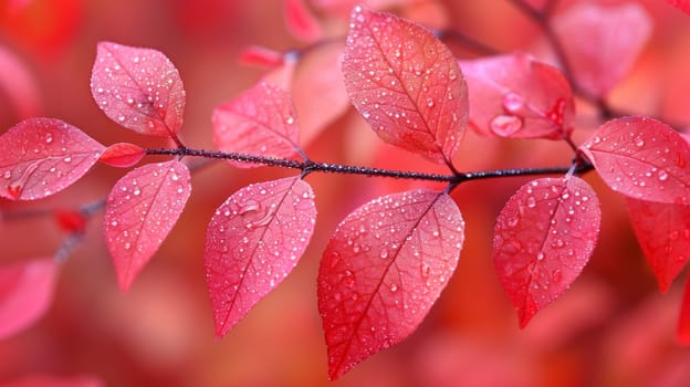 A close up of a red leaf with water droplets on it