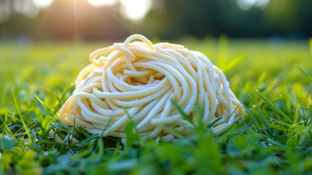 A pile of noodles on a green field with sun in the background