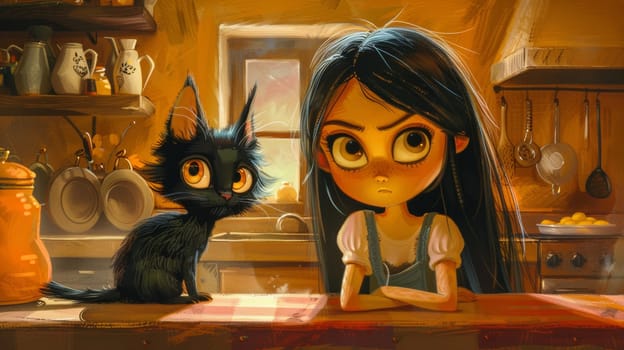 A cartoon girl sitting at a table with cat on counter, AI