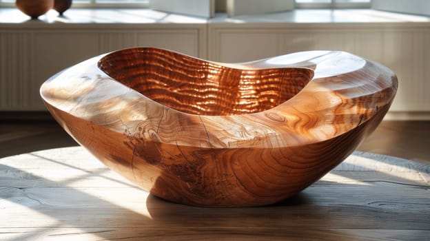 A wooden bowl sitting on top of a table in front of windows