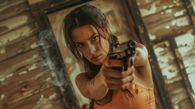 A woman in a orange shirt holding up her gun, AI