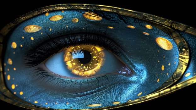 A close up of a blue eye with gold and yellow dots, AI