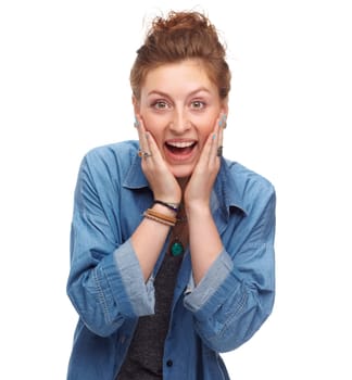 Portrait, surprise and excited with woman, shocked and expression isolated on a white studio background. Face, person and model with wow or girl with victory and winner with celebration and reaction.