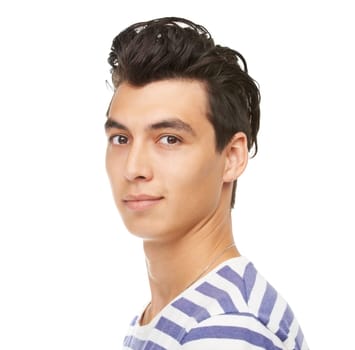 Portrait, serious and man in studio for fashion isolated on a white background mockup space. Face, confidence and young person, model or student in casual clothes for style on a backdrop in Mexico.