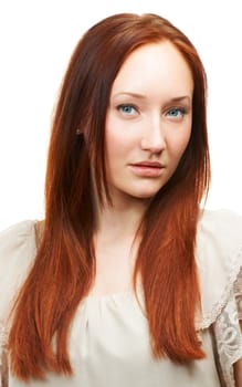 Hair care, ginger or portrait of natural woman with beauty in white background for a shine. Face, redhead model and person in studio with healthy glow, texture or hairstyle results for confidence.