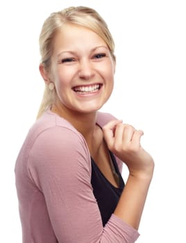 Woman, portrait and laughing for fun in studio, funny joke and happiness on white background. Female person, comedy and smile for satisfaction or humor, comic and positive attitude for enjoyment