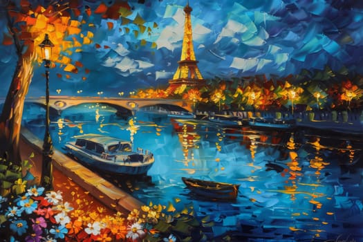 Colorful abstract painting depicting the Eiffel Tower in Paris cityscape with boat . Generative AI