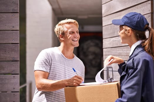 Delivery, courier and man sign documents, forms and application for package, parcel and box. Online shopping, ecommerce and people with paperwork for shipping, supply chain and distribution in home