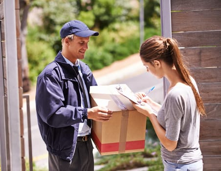 Delivery, package and woman sign documents, forms and application for courier, parcel and box. Online shopping, ecommerce and people with receipt for shipping, supply chain and distribution in home
