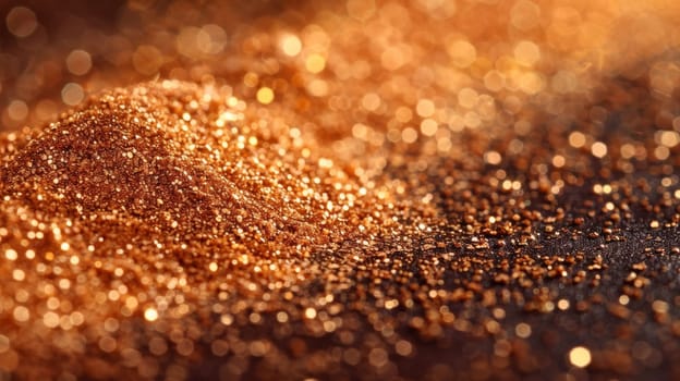 A close up of a pile of gold glitter on top of some sand
