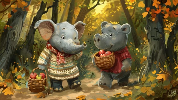 Two elephants are walking through a forest with apples in baskets