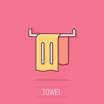 Bathroom towel icon in comic style. Washcloth cartoon vector illustration on isolated background. Hygiene wiping splash effect business concept.