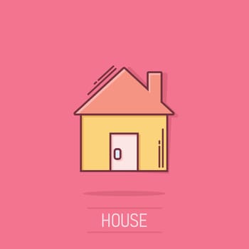 Building icon in comic style. Home cartoon vector illustration on isolated background. House splash effect business concept.