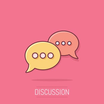 Speak chat sign icon in comic style. Speech bubbles cartoon vector illustration on isolated background. Team discussion button splash effect business concept.