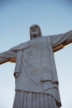 Jesus christ, statue and art deco sculpture for travel and christian faith for art or religion journey. Hands, history monument or peace for tourism and protection symbol of people in rio de janeiro.