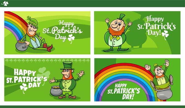 Cartoon illustration of Saint Patrick Day greeting cards design set with Leprechaun characters