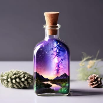 Magic potion in a glass bottle with mountains and pine cones on a gray background