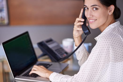 Woman, phone call and laptop with telephone, portrait and smile for face with communication and work. Secretary, desk and notes for schedule, planning and solution for small business or startup