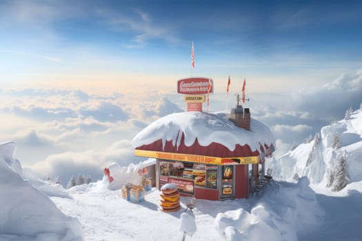 Hot dog shop on snow mountains. Generate Ai