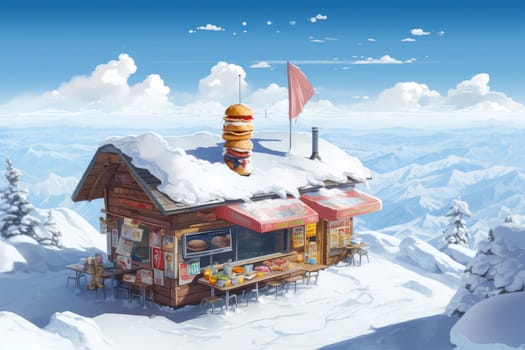 Chilly Hot dog shop on snow mountains. Generate Ai
