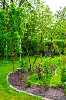 Garden with trees plants hut compost beds lawn in Germany.