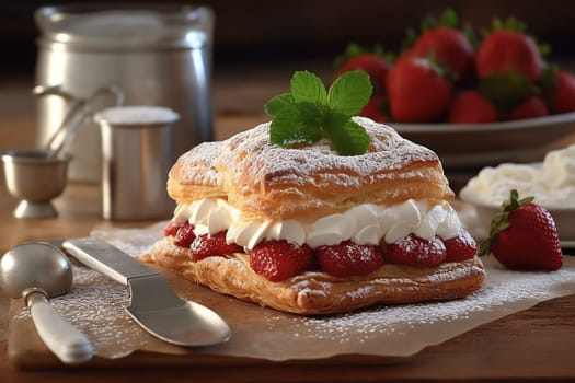A delicious puff pastry layered with whipped cream and fresh strawberries, dusted with powdered sugar.