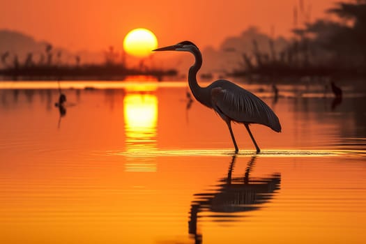 Tranquil Heron lake sunset. Generate Ai