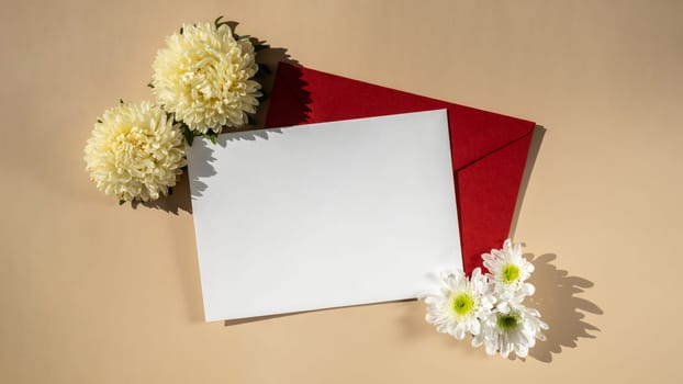 Composition with empty paper note and envelope beautiful spring white flowers on beige background. Mockup card invitation greeting card postcard copy space template