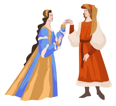 Man and woman holding hands, male and female character wearing traditional clothes of old times. People paying in theatre, medieval age. Couple in love expressing feelings. Vector in flat style