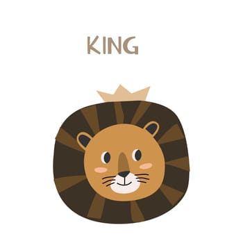 Cute lion with king lettering - card in scandinavian style