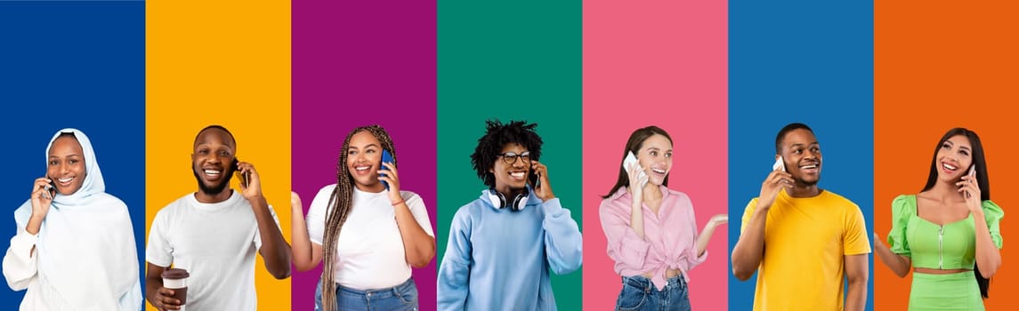 Communication concept. Collage of multiracial diverse people using smartphones, have conversation, calling, multicultural young men and women with phones isolated on color background, banner