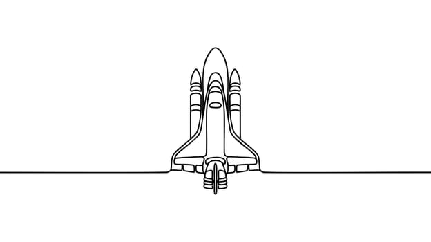 One continuous line drawing of simple retro spacecraft flying up to the outer space nebula.