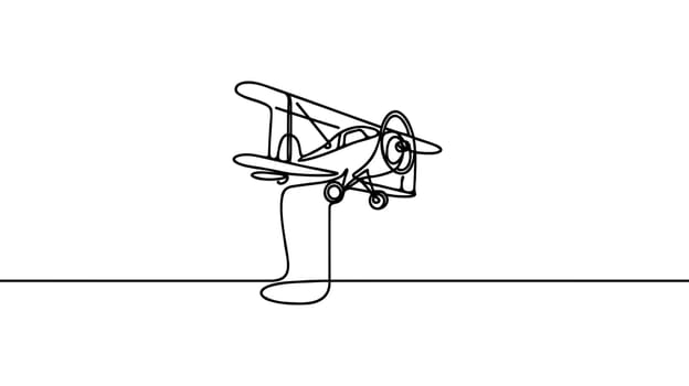 Small plane flying in the sky in continuous line art drawing style. Private airplane black linear sketch isolated on white background. Vector illustration.