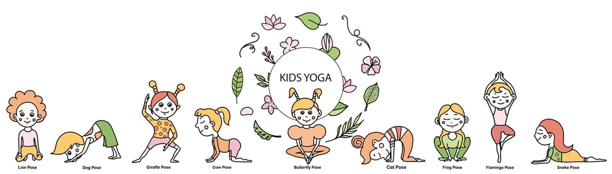 Set of kids yoga animal poses. Monkey, frog, lion, giraffe, dog asanas. Vector cartoon illustration in doodle style