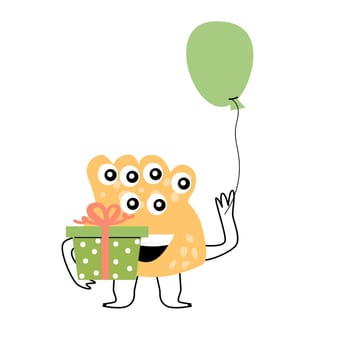 Birthday card with cute monster and gift box