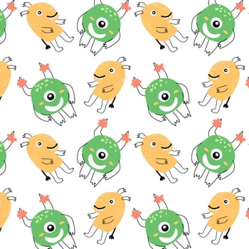 Cute green and yellow monsters seamless pattern with doodle graphic