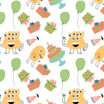 Celebration seamless pattern with kids monsters and cakes. Vector illustration can used for wrapping, scrapping, textile, decor, wallpaper, clothes print, cover design, posters and banners.