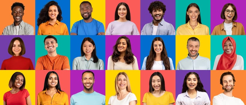 A vibrant display of individuals of varying ages, styles, and ethnic backgrounds, all wearing bright smiles and casual attire against a rainbow of backgrounds, panorama, studio