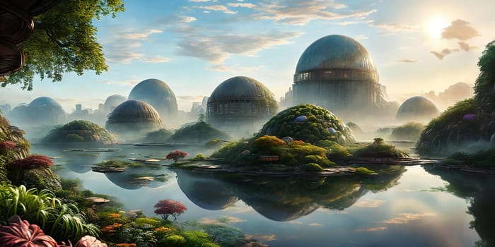 Vibrant biodome city on alien planet. diverse ecosystems, artificial, bioengineered.