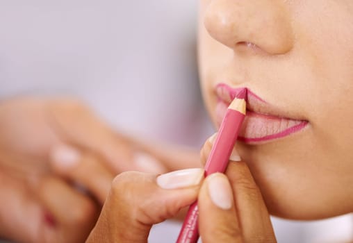 Lips, makeup pencil and woman getting ready closeup in bathroom of home for mouth cosmetics. Aesthetic, product or cosmetology and person closeup in apartment to apply lipstick with lip liner