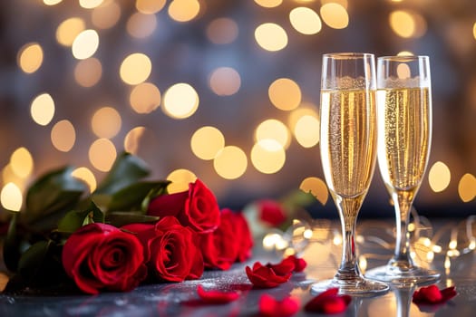 glasses with sparkling wine or champagne and red roses on table with bokeh lights in the background