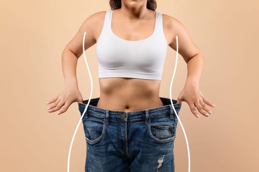 Weight Loss. Young Slim Female Pulling Big Jeans With Drawn Silhouette Outlines
