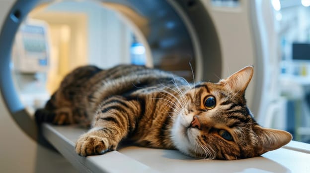 Cat lying on table before scanning in MRI equipment in veterinary clinic. Generative AI