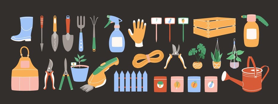 Set of gardening equipment. Shovel, sprayer, seeds, watering can, boxes and more. Vector illustration.