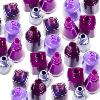 Nail polish, purple aesthetic and bottle on a white background for beauty, cosmetics and salon products. Cosmetology, luxury spa and isolated color for manicure, pedicure and pamper nails in studio.