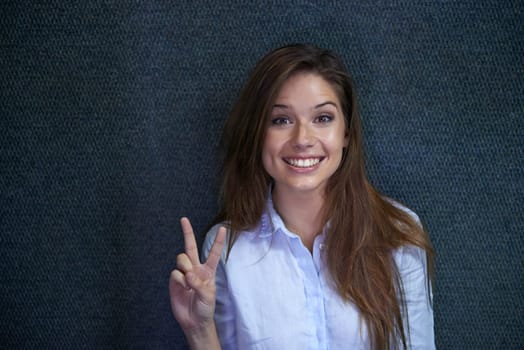Woman, portrait and peace sign for work, formal and emoji icon for background and happy for job as accountant. Female person, confidence and joy for mockup space and career in smile for wellness