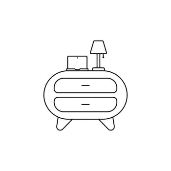 Outline of the bedside table. Linear logo of the interior of the bedside table. Table lamp vector. Room table top. A cozy bedside table. Place by the bed for things. Home cozy furniture.