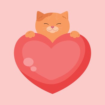 Cartoon ginger cat holding a heart. Cute template for love card or Valentines Day greeting. Vector illustration