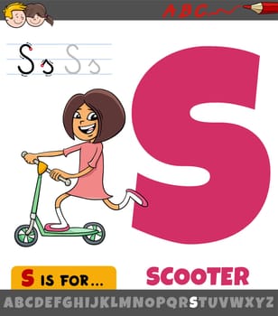 letter S worksheet with cartoon scooter object