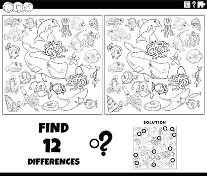 Cartoon illustration of finding the differences between pictures educational game with marine animal characters group coloring page